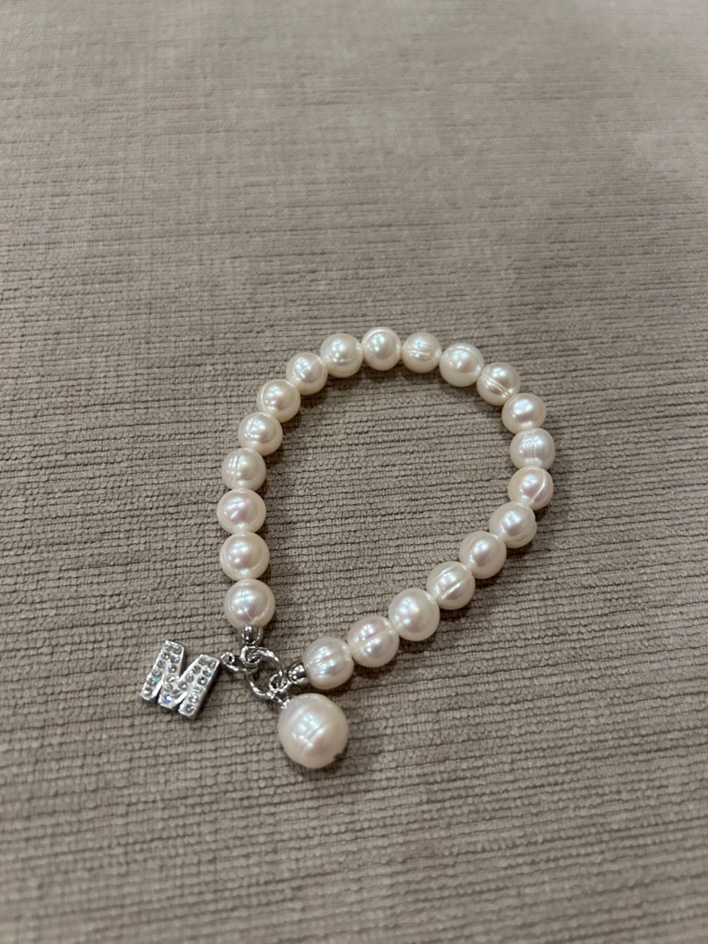 Pearl Bead Bracelet with 925 silver ‘M' Rhinestone Charm - Ivory Pearls
